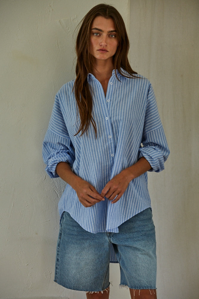 DENIM BLUE WHITE STRIPE BUTTON DOWN BLOUSE