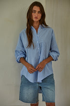 DENIM BLUE WHITE STRIPE BUTTON DOWN BLOUSE