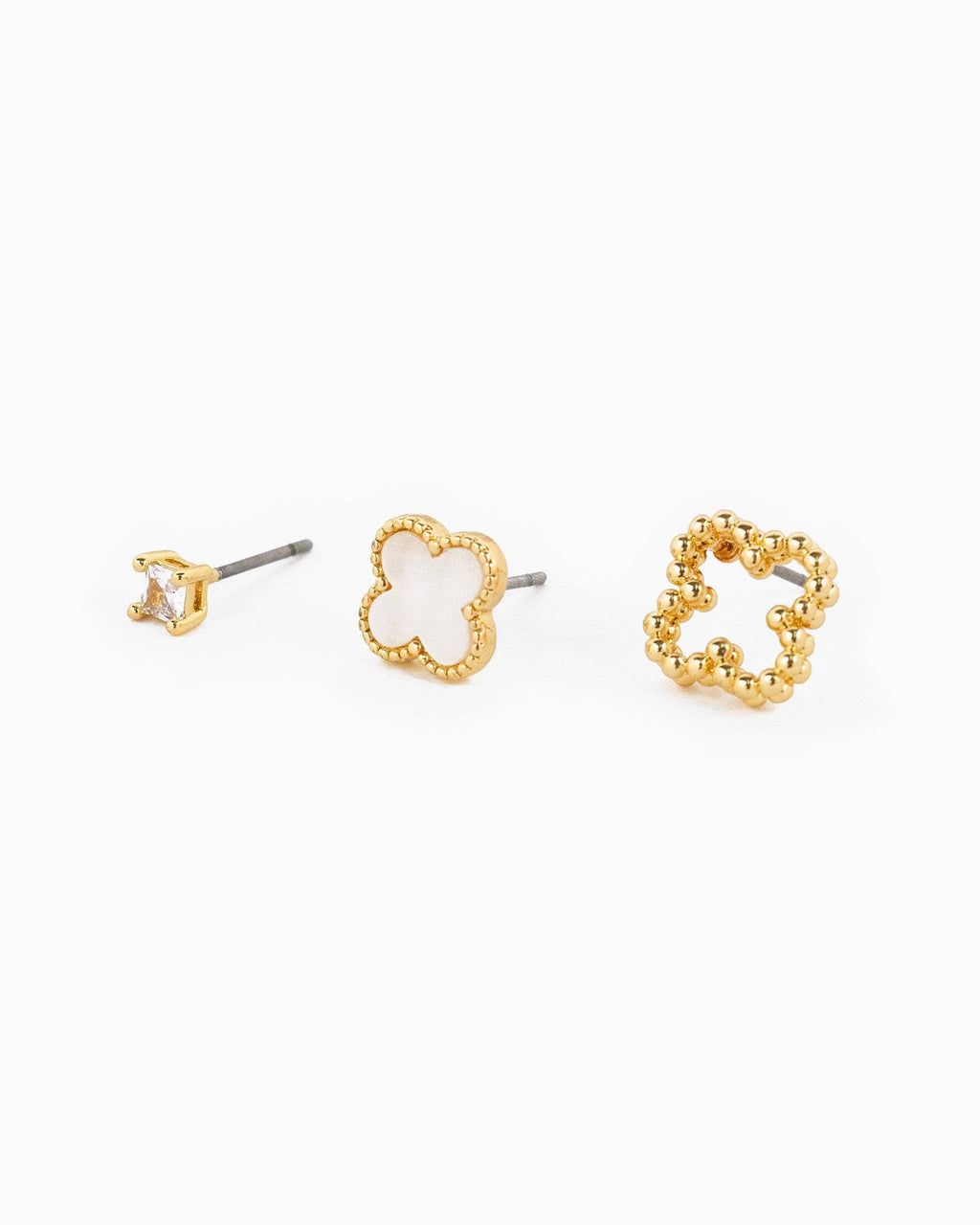 MOP Clover and CZ Stud Earring Set of 3: White
