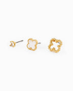 MOP Clover and CZ Stud Earring Set of 3: White
