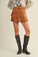 SUEDE PLEATED TIERED MINI SKIRT: CAMEL