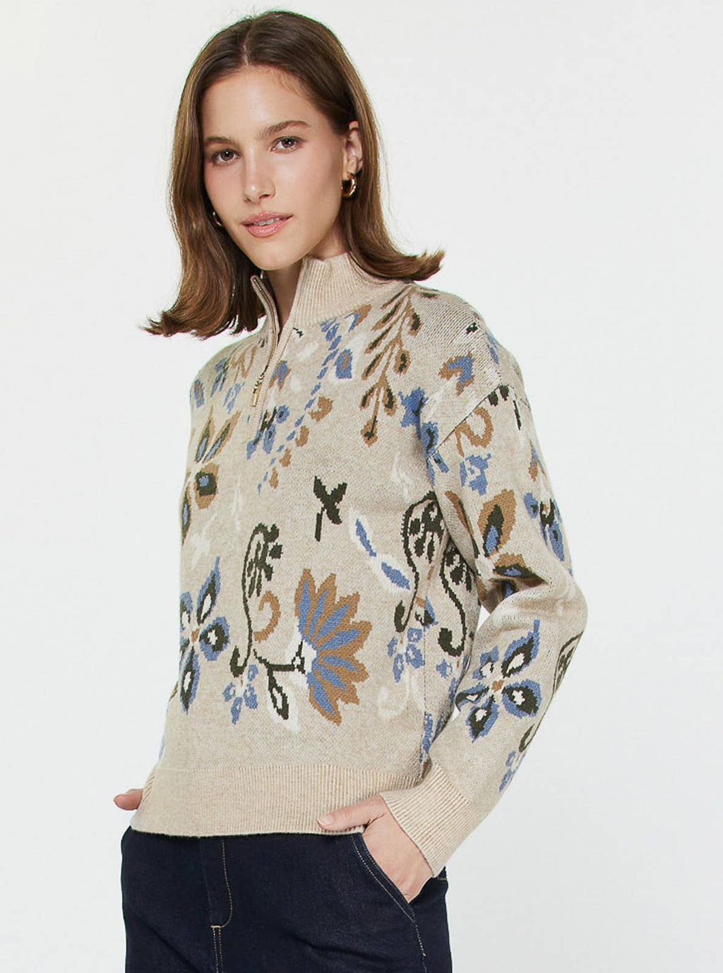 Barley Floral Half Zip Up Sweater