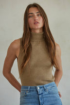 Knit Turtleneck Sleeveless Pullover Top: Dark Chocolate