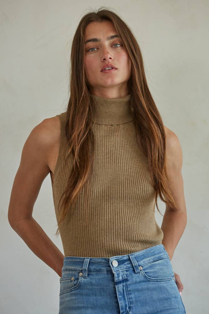 Knit Turtleneck Sleeveless Pullover Top: Dark Chocolate