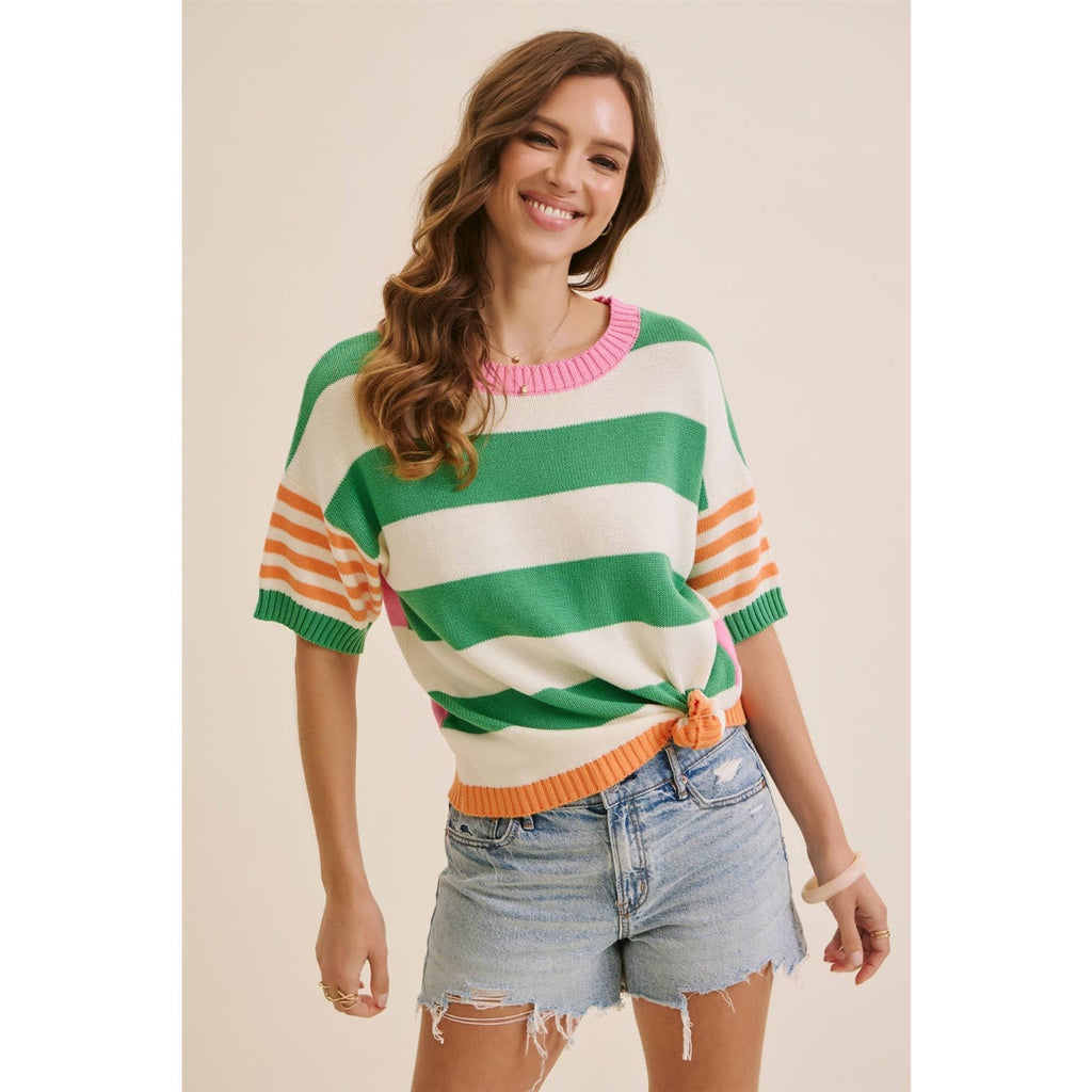 PLAYFUL SUMMER MULTI STRIPE COTTON SWEATER TOP: GREEN/ORANGE