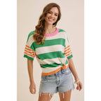PLAYFUL SUMMER MULTI STRIPE COTTON SWEATER TOP: GREEN/ORANGE