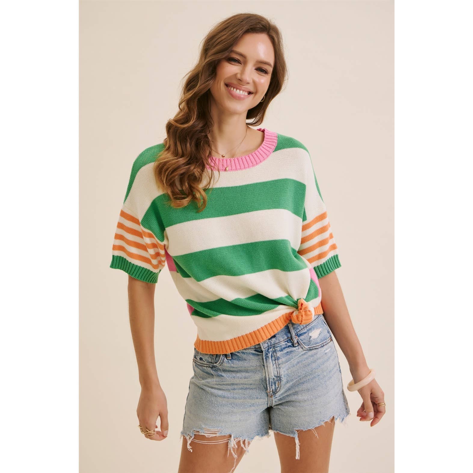 PLAYFUL SUMMER MULTI STRIPE COTTON SWEATER TOP: GREEN/ORANGE