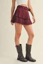 SUEDE PLEATED TIERED MINI SKIRT: CAMEL