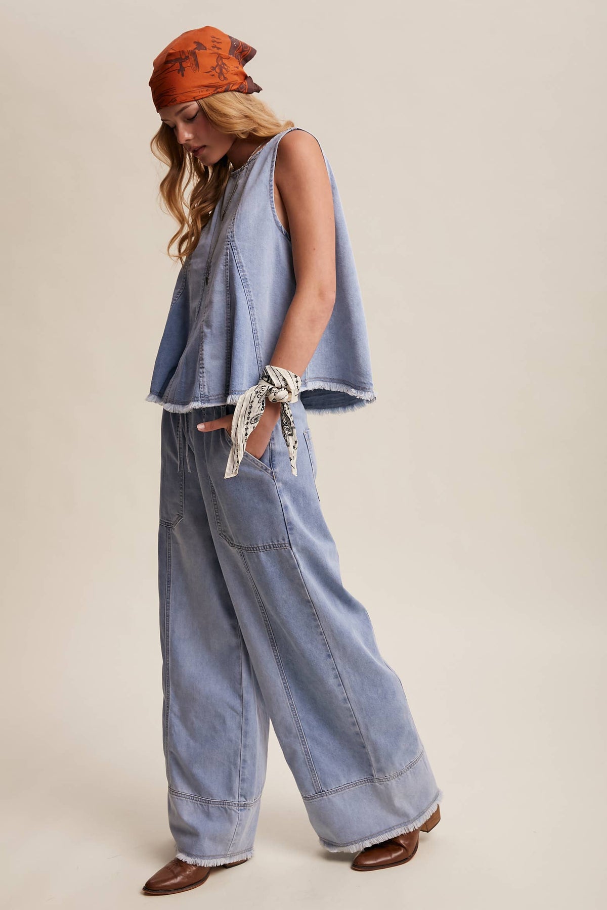 Blue Haze Washed Denim Tank & Wide-Leg Pants Set