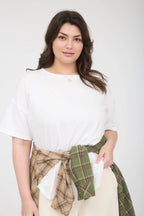 PLUS ROUND NECK SHORT SLEEVE EXPOSED SEAM KNIT TOP: WHITE