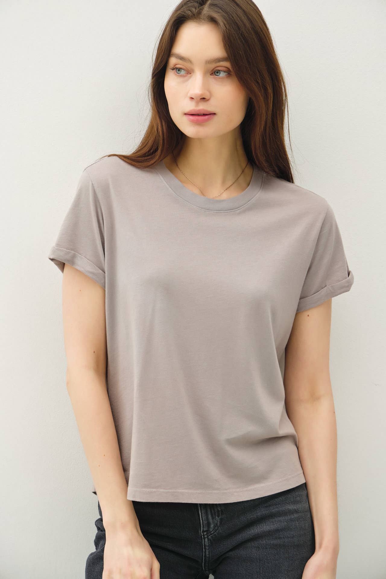GREIGE BOXY CUT TEE W/ ROLL SLEEVE TOP