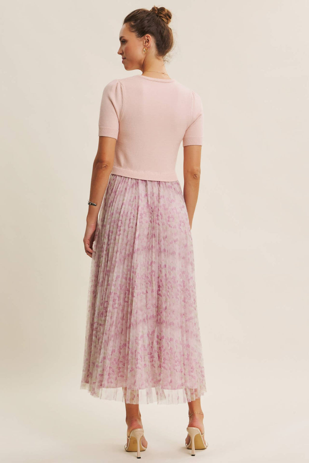 FIELD OF PLEATED WILDFLOWERS SWEATER TWOFER MIDI DRESS: PINK/LILAC