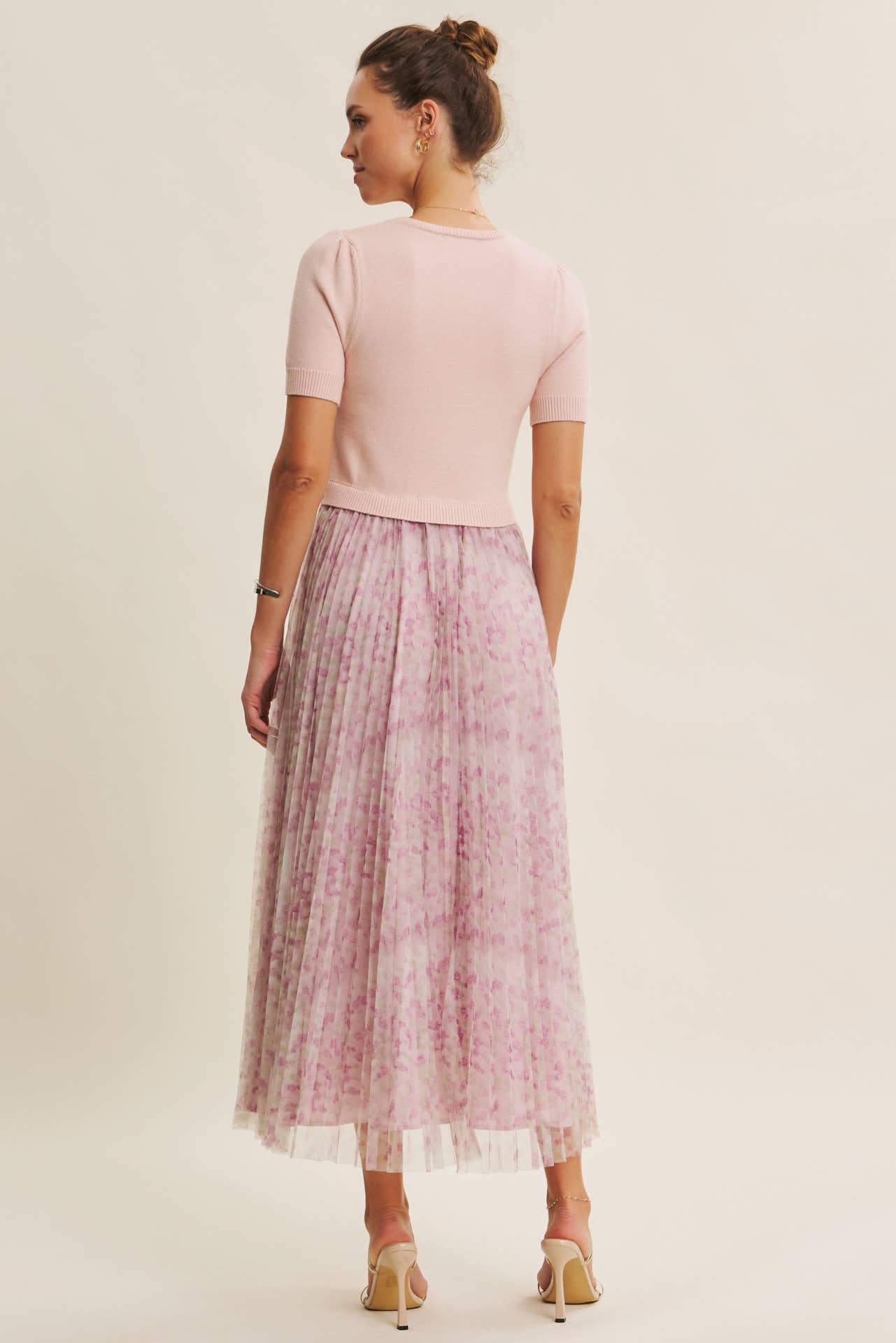 FIELD OF PLEATED WILDFLOWERS SWEATER TWOFER MIDI DRESS: PINK/LILAC