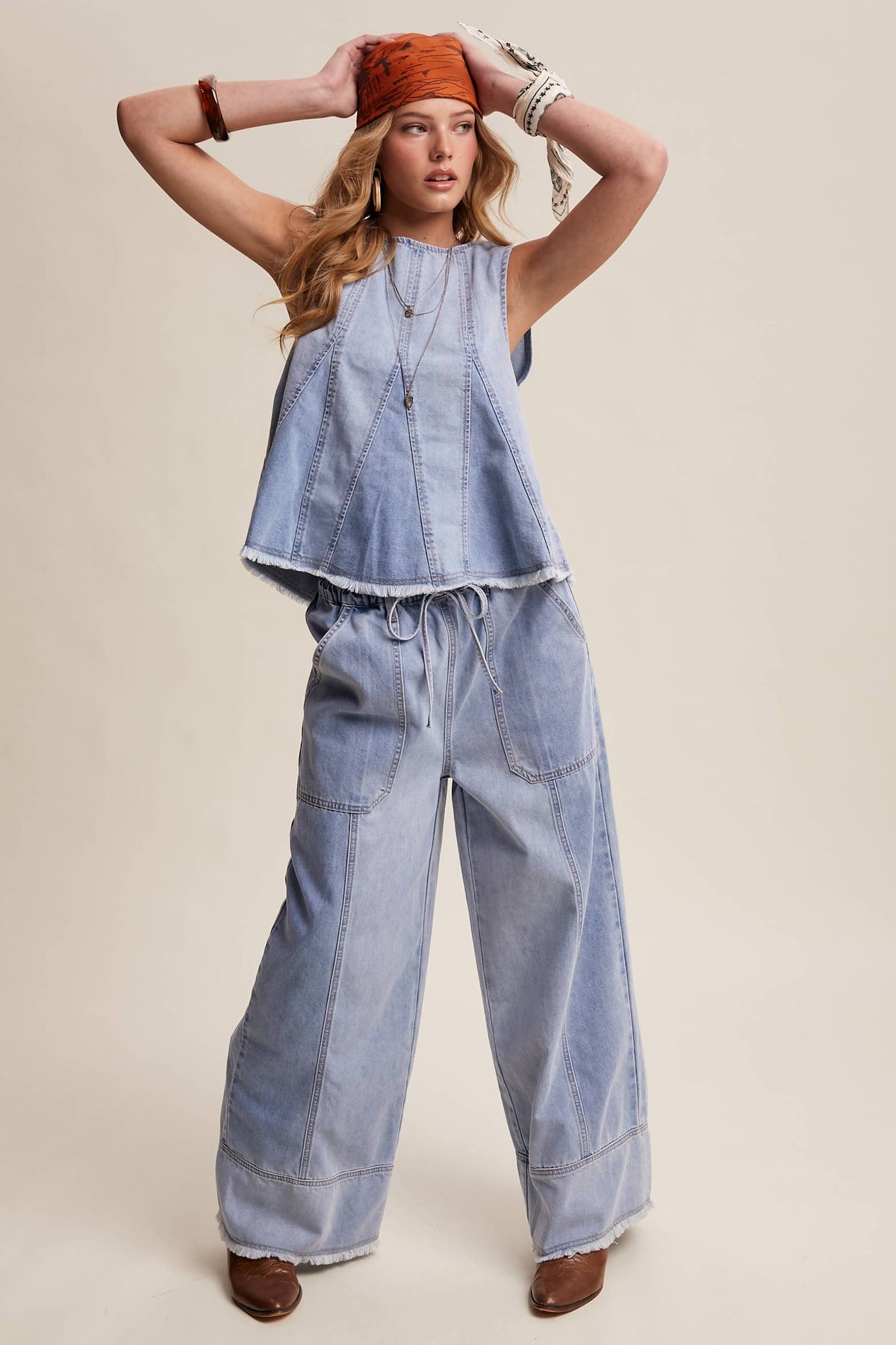 Blue Haze Washed Denim Tank & Wide-Leg Pants Set