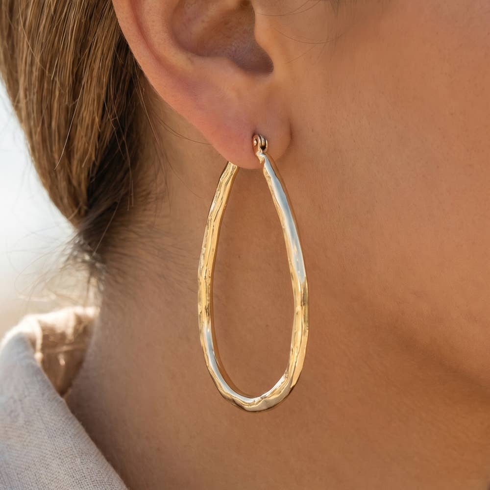 Hammered Teardrop Open Hoop Earrings: GD