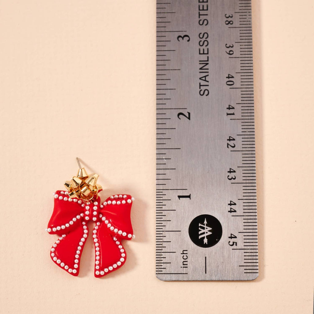 Christmas Bow Enamel Dangling Earrings: Red