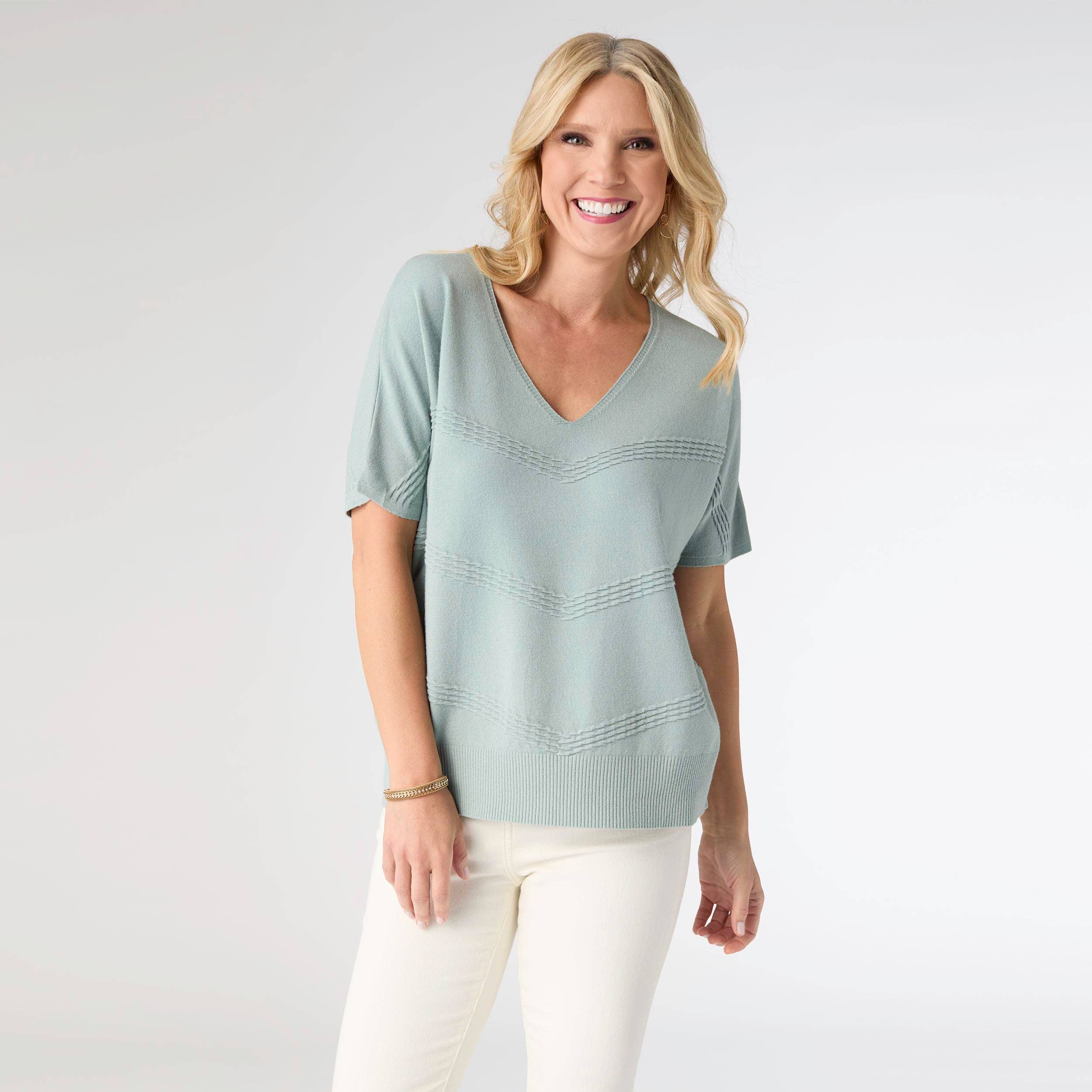 Lightweight Heavenly-Luxe Short Sleeve V-Neck Sweater: Sage Wisdom