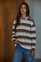 Cream/Choc Knit Cotton Jersey Striped Collar Neck Pullover