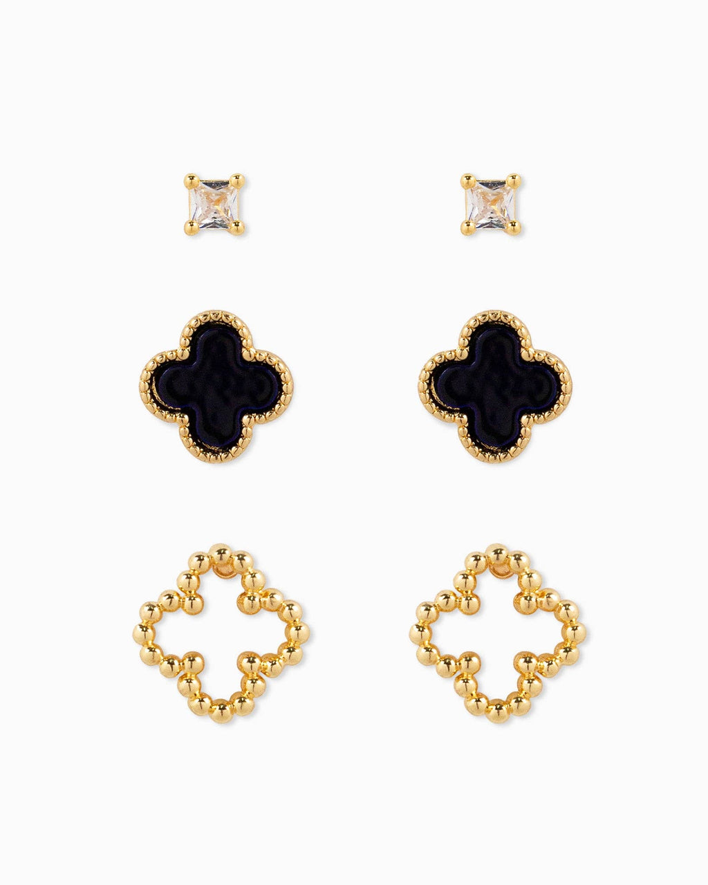 MOP Clover and CZ Stud Earring Set of 3: White