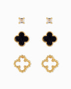 MOP Clover and CZ Stud Earring Set of 3: White