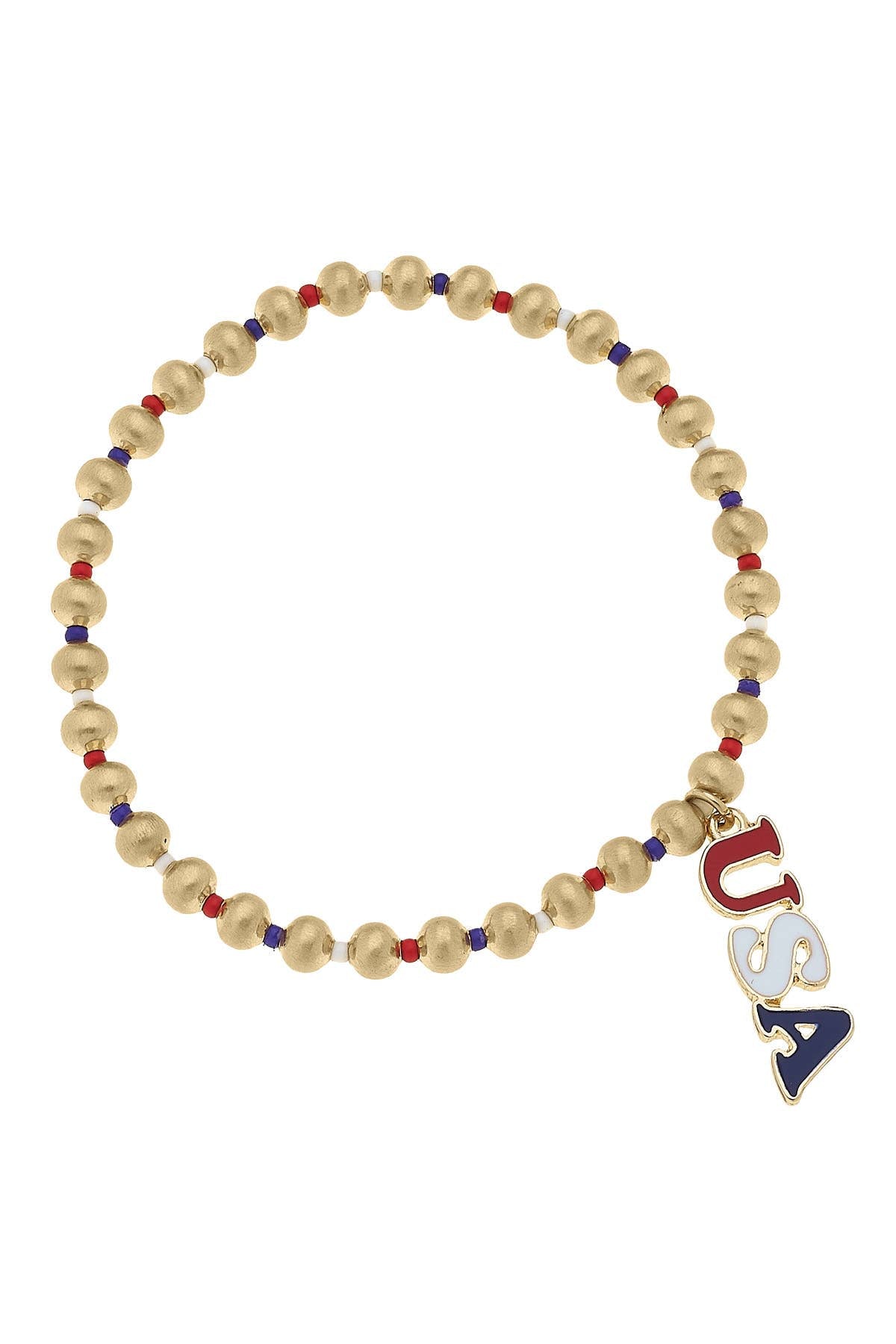 USA Ball Bead Stretch Bracelet in Red, Blue, & Satin Gold