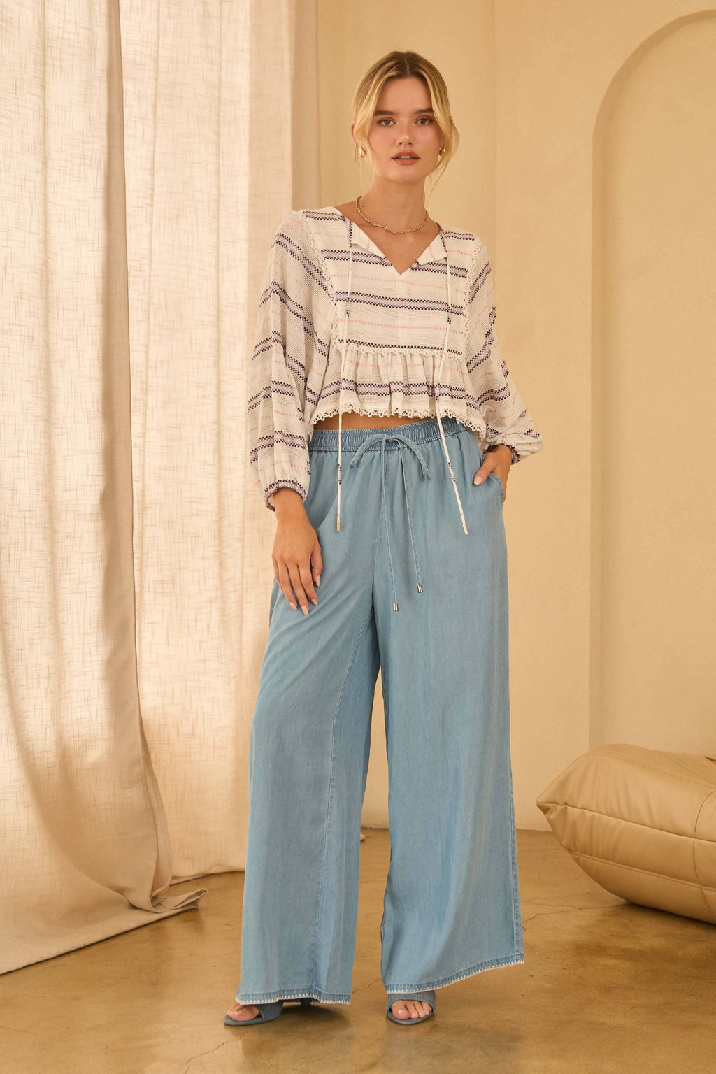 Washed TENCEL Embroidered Pants: Blue Tencel