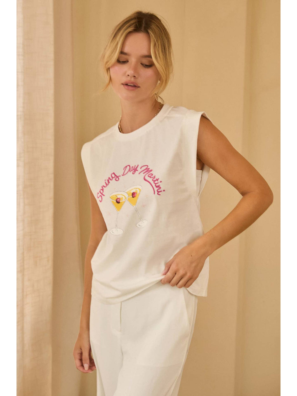 WHITE Printed Graphic Sleeveless Shirt with Embroidery