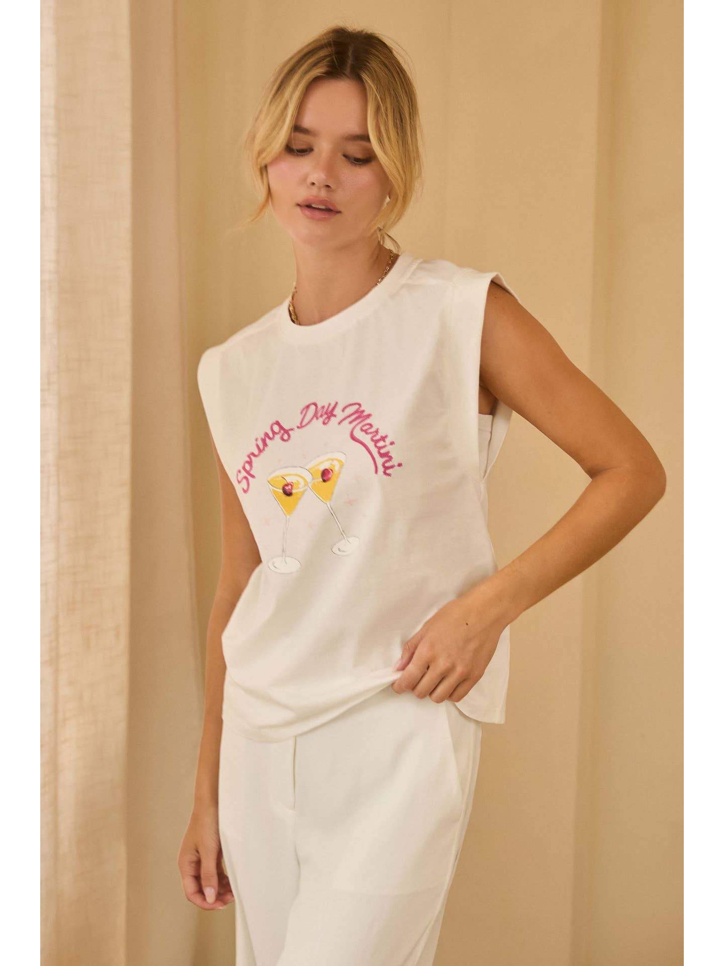 WHITE Printed Graphic Sleeveless Shirt with Embroidery