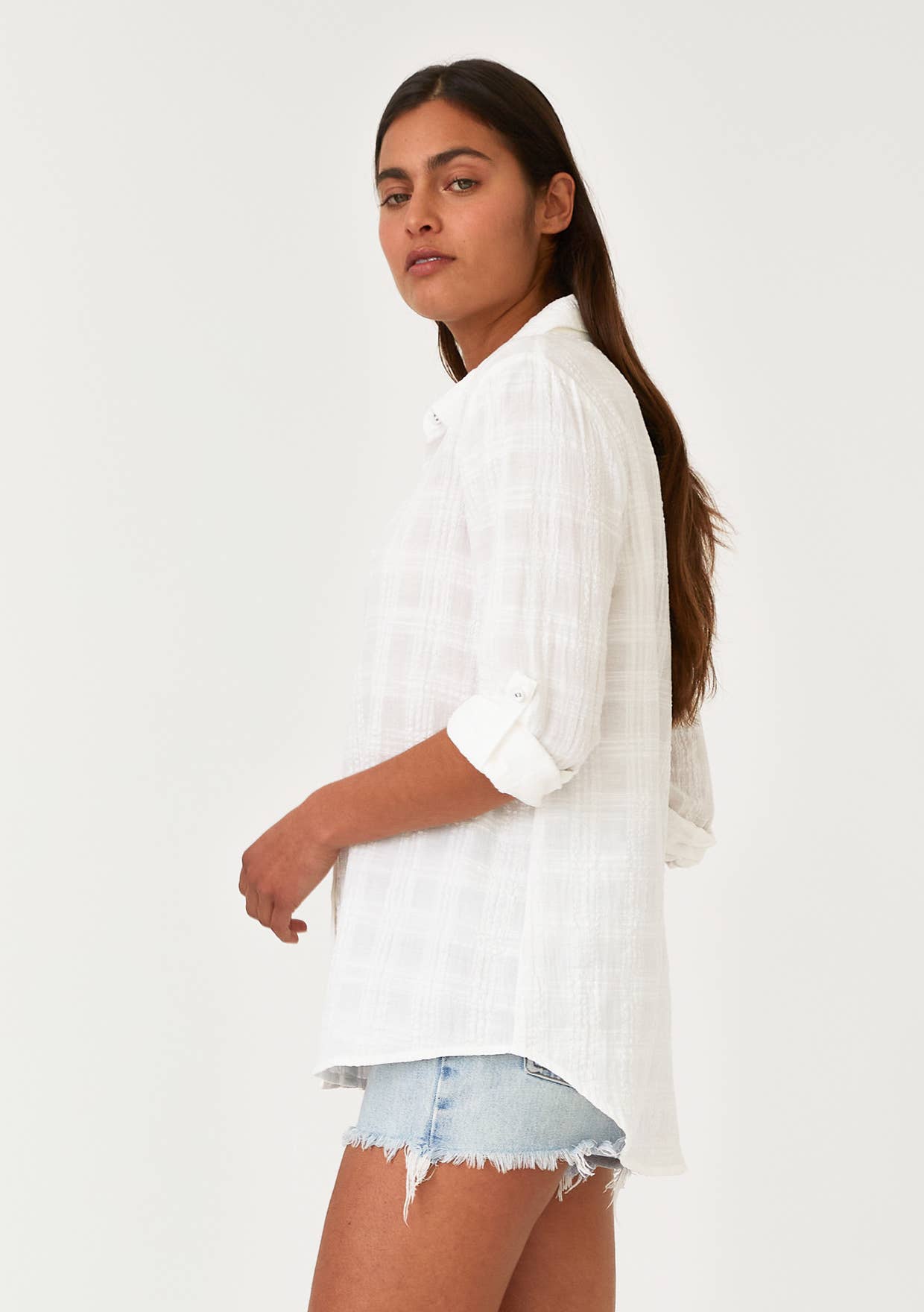 Puckered Long Sleeve Button Down Blouse: White