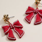 Christmas Bow Enamel Dangling Earrings: Red