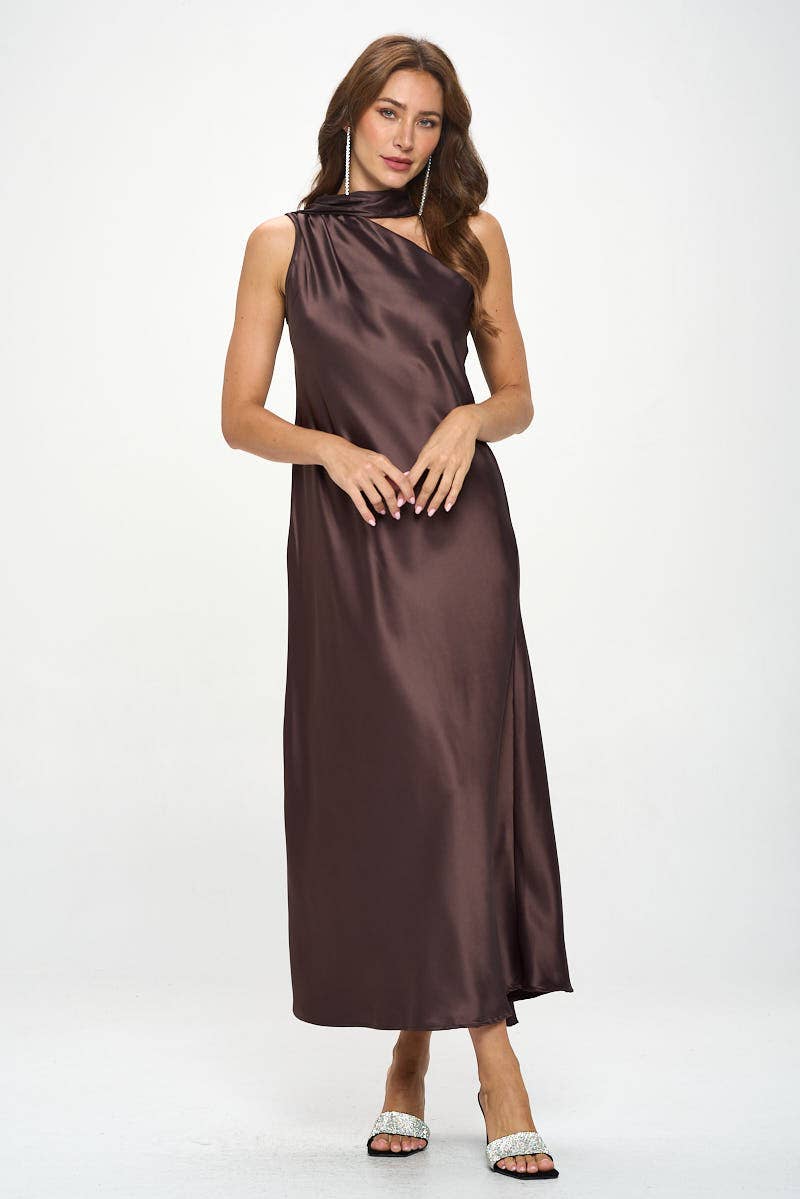 BROWN One Shoulder Satin Maxi Dress with Scarf Detail