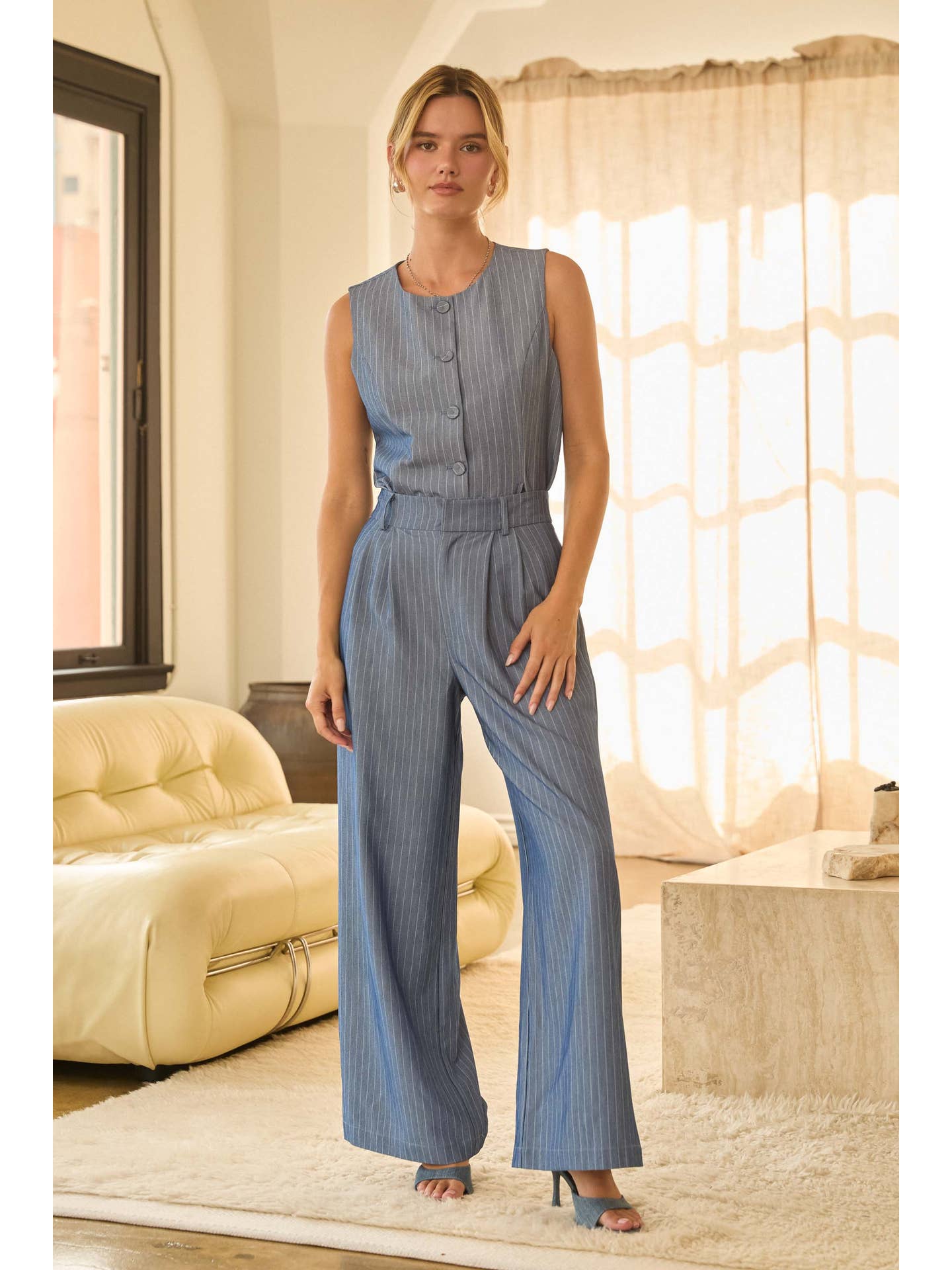 DENIM WHITE WIDE LEG STRIPED PANTS