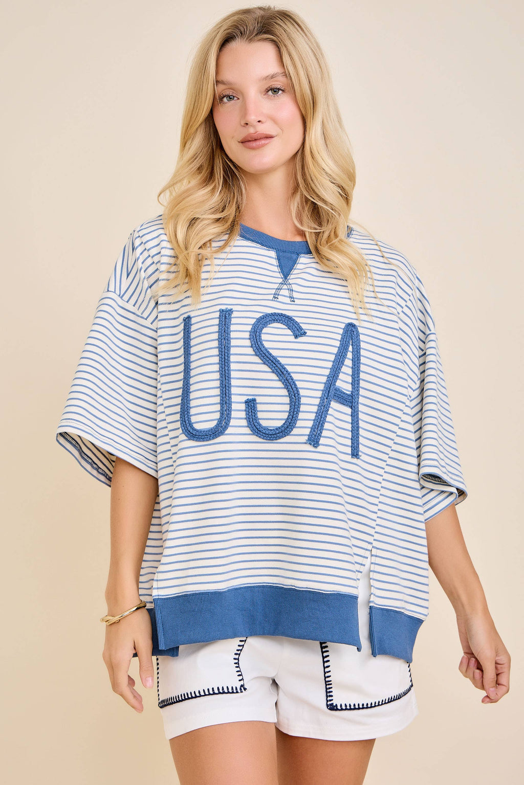 USA Rope Embroidery Striped Top: WHITE/BLUE