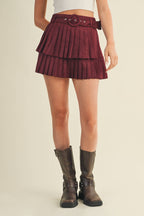 SUEDE PLEATED TIERED MINI SKIRT: CAMEL
