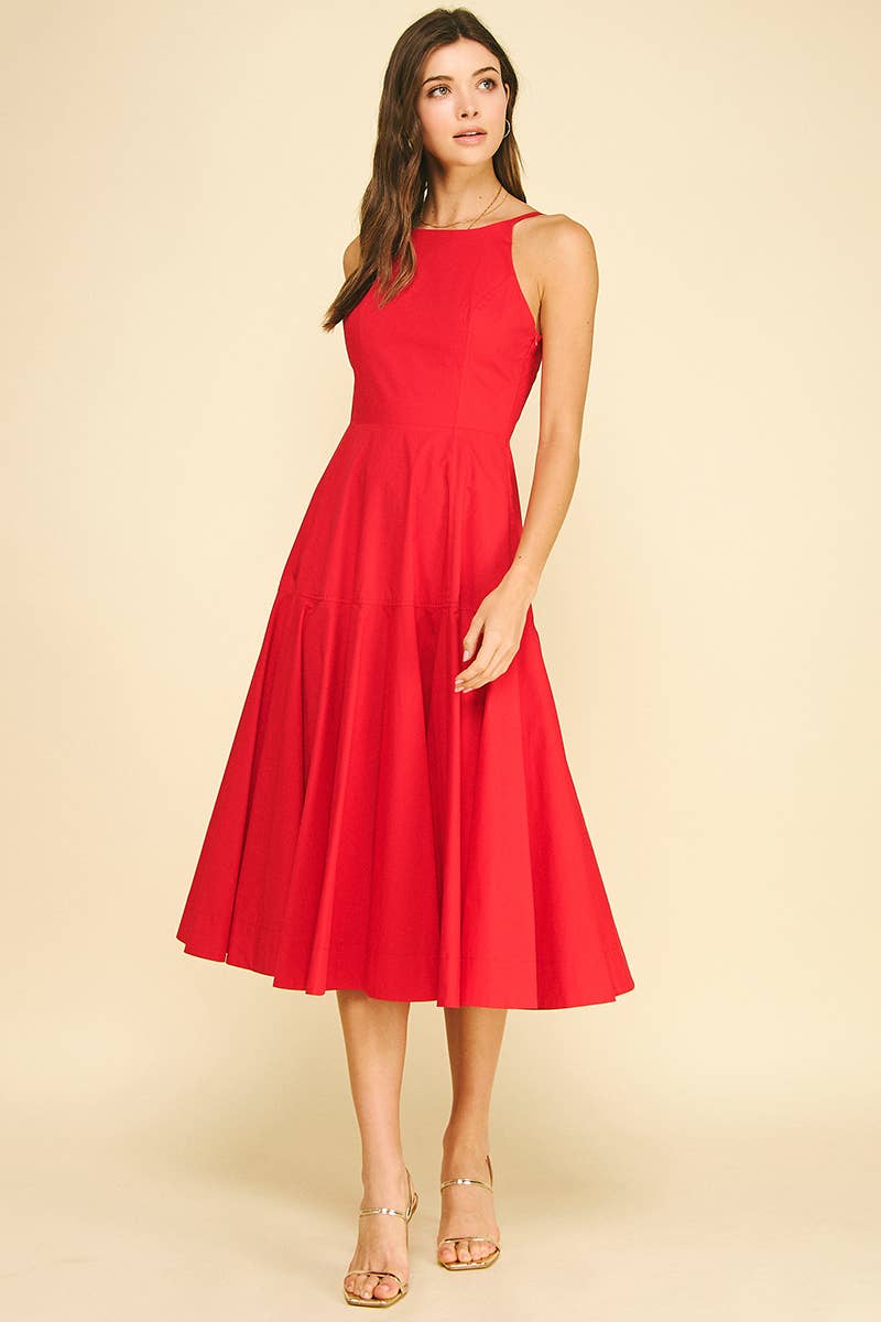 HALTER NECK A-LINE MIDI DRESS Red