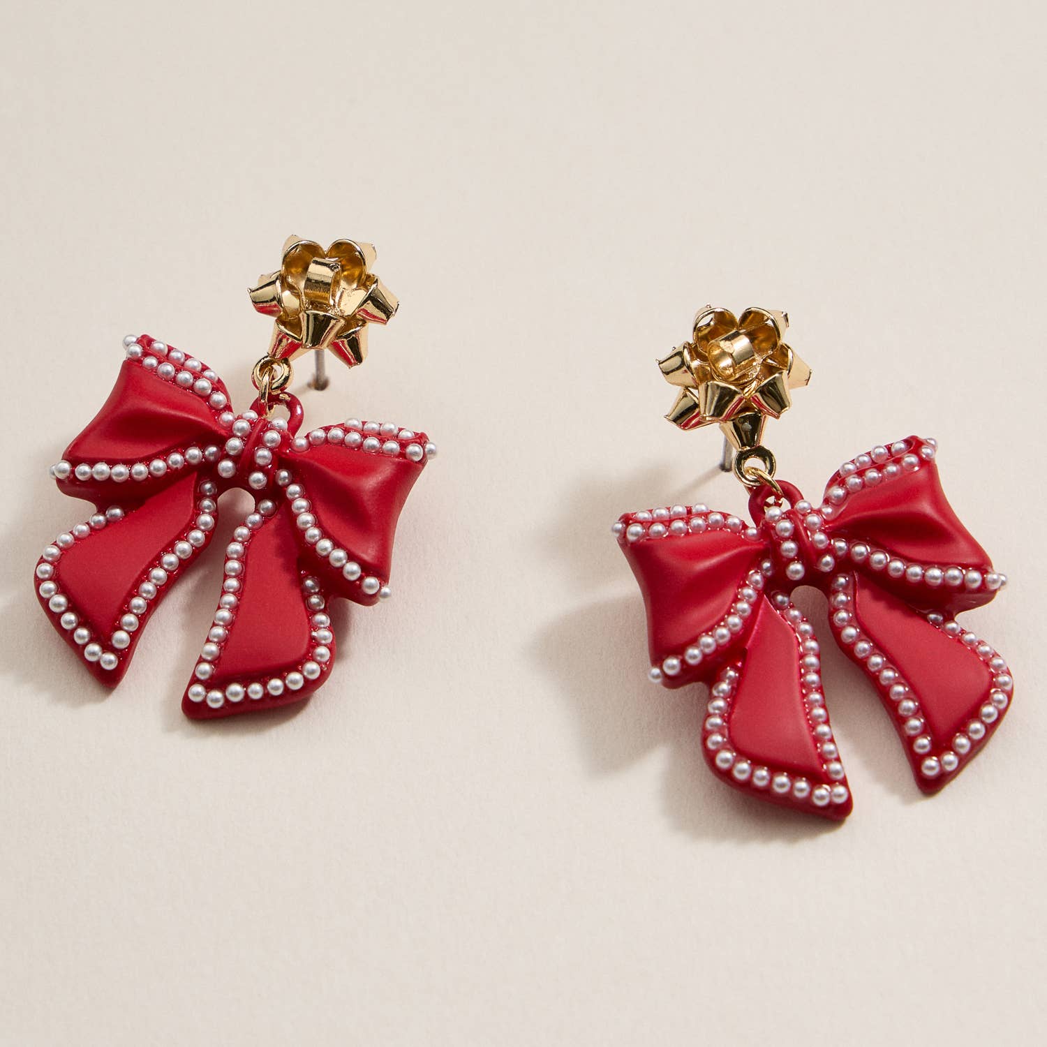 Christmas Bow Enamel Dangling Earrings: Red
