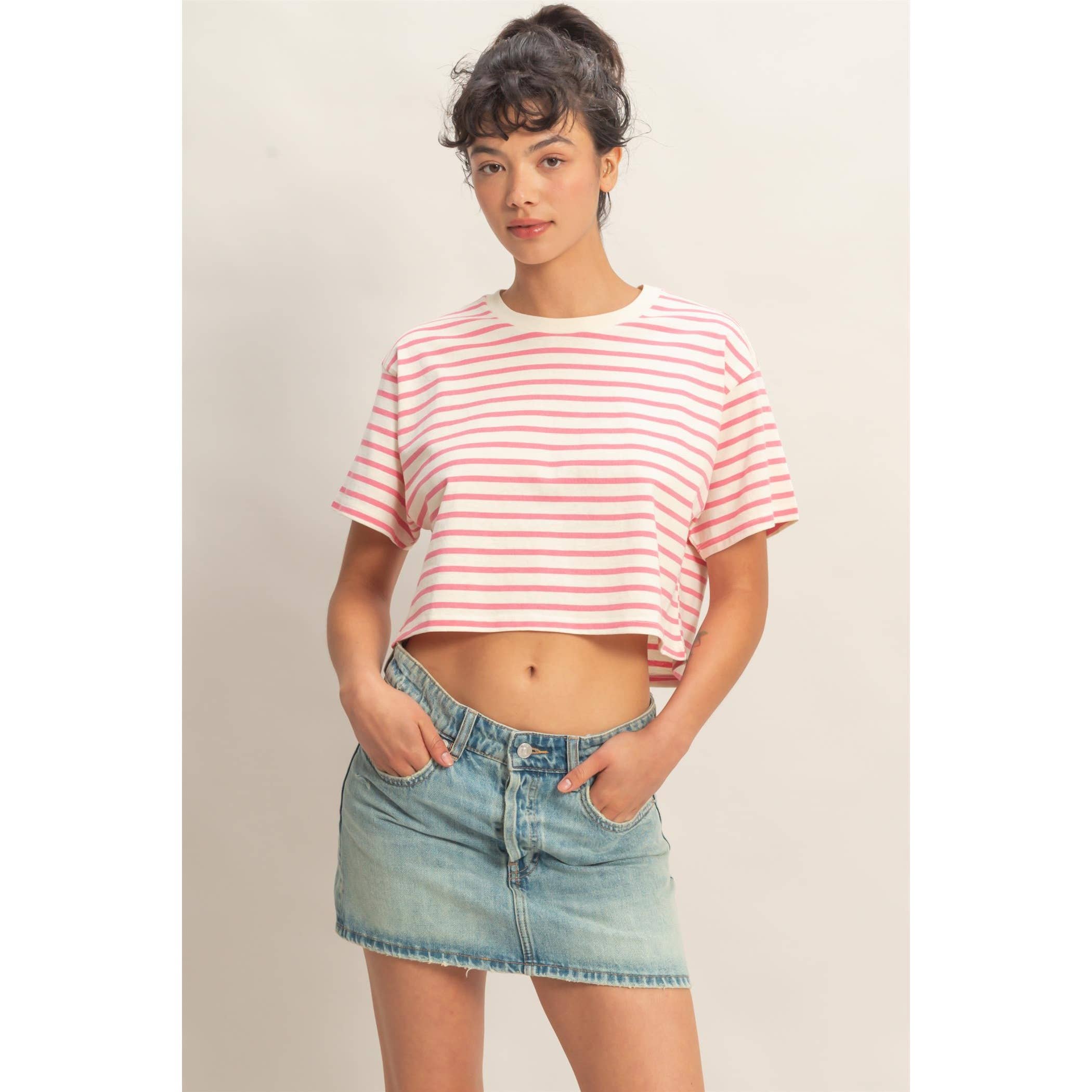 PINK Striped Oversized Short Sleeve Cropped Tee: