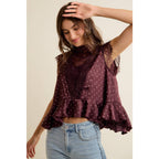 WINE POLKA DOT SATIN LACE TRIM RUFFLED HIGH NECK BLOUSE TOP