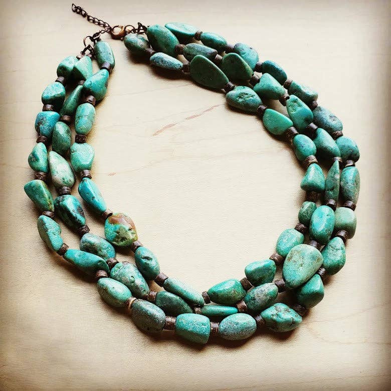 **Large Triple Strand Natural Turqu & Wood Collar Necklace