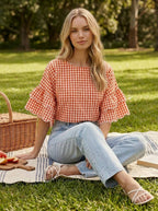 ORANGE Charming Gingham Scallop Edge Wild Ruffle TOP
