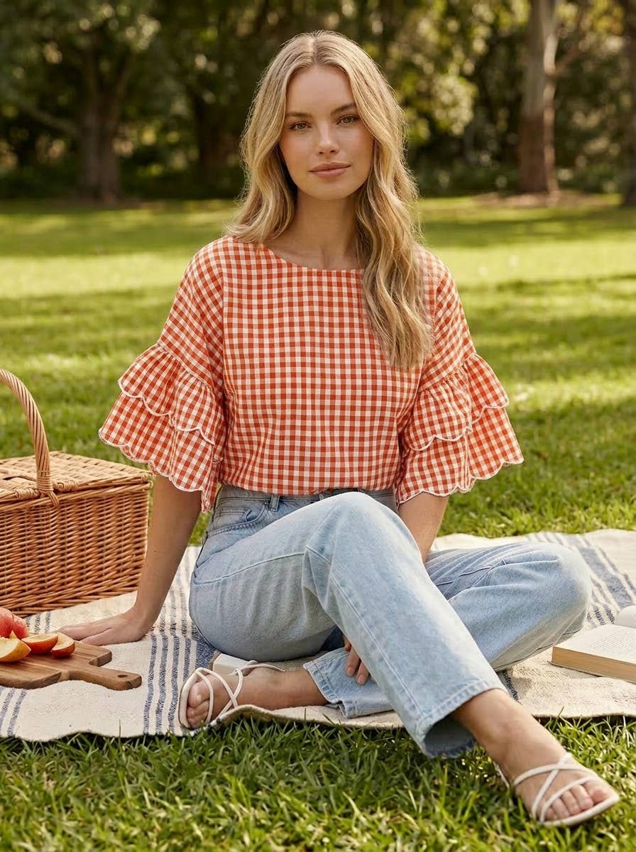 ORANGE Charming Gingham Scallop Edge Wild Ruffle TOP