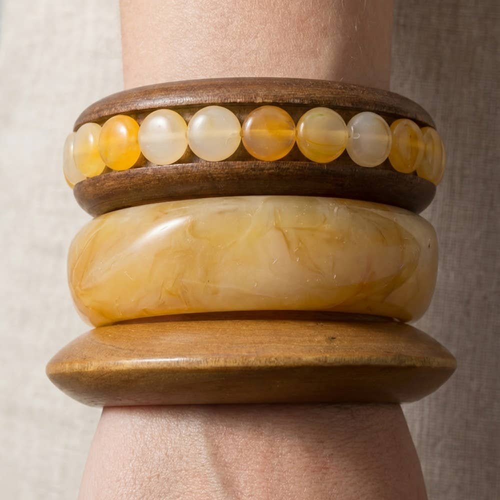 Wood And Resin Mixed Bangle Bracelet Set: BRN