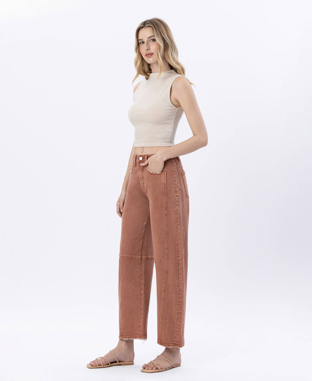 HIGH RISE TWIST BARREL JEANS: COPPER /Flying monkey