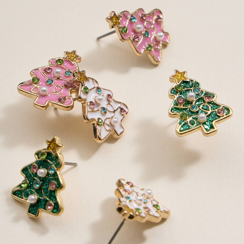 Christmas Tree Enamel Stud Earrings: Pink