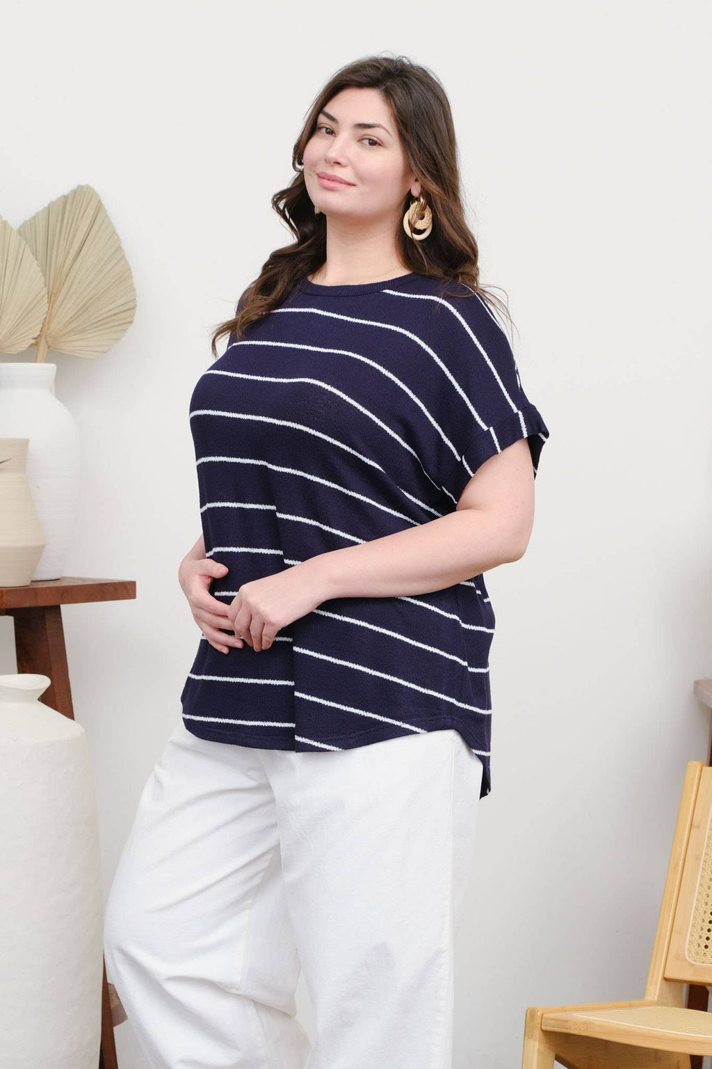 PLUS STRIPE ROUND NECK SHORT CUFF SLEEVE KNIT TOP : NAVY