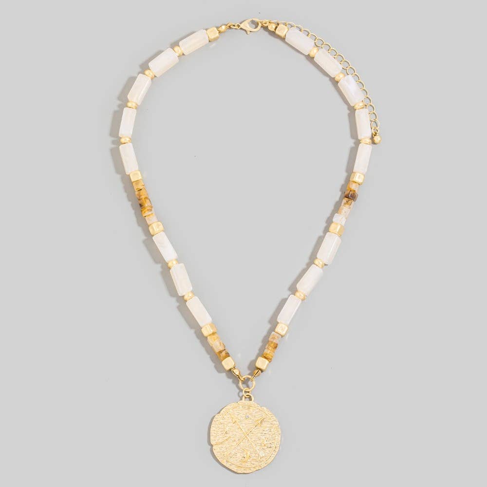 White Gold Ivory Arrow Coin Pendant Rectangle Acrylic Beaded Necklace