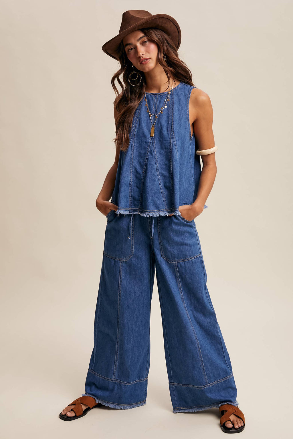 Blue Haze Washed Denim Tank & Wide-Leg Pants Set