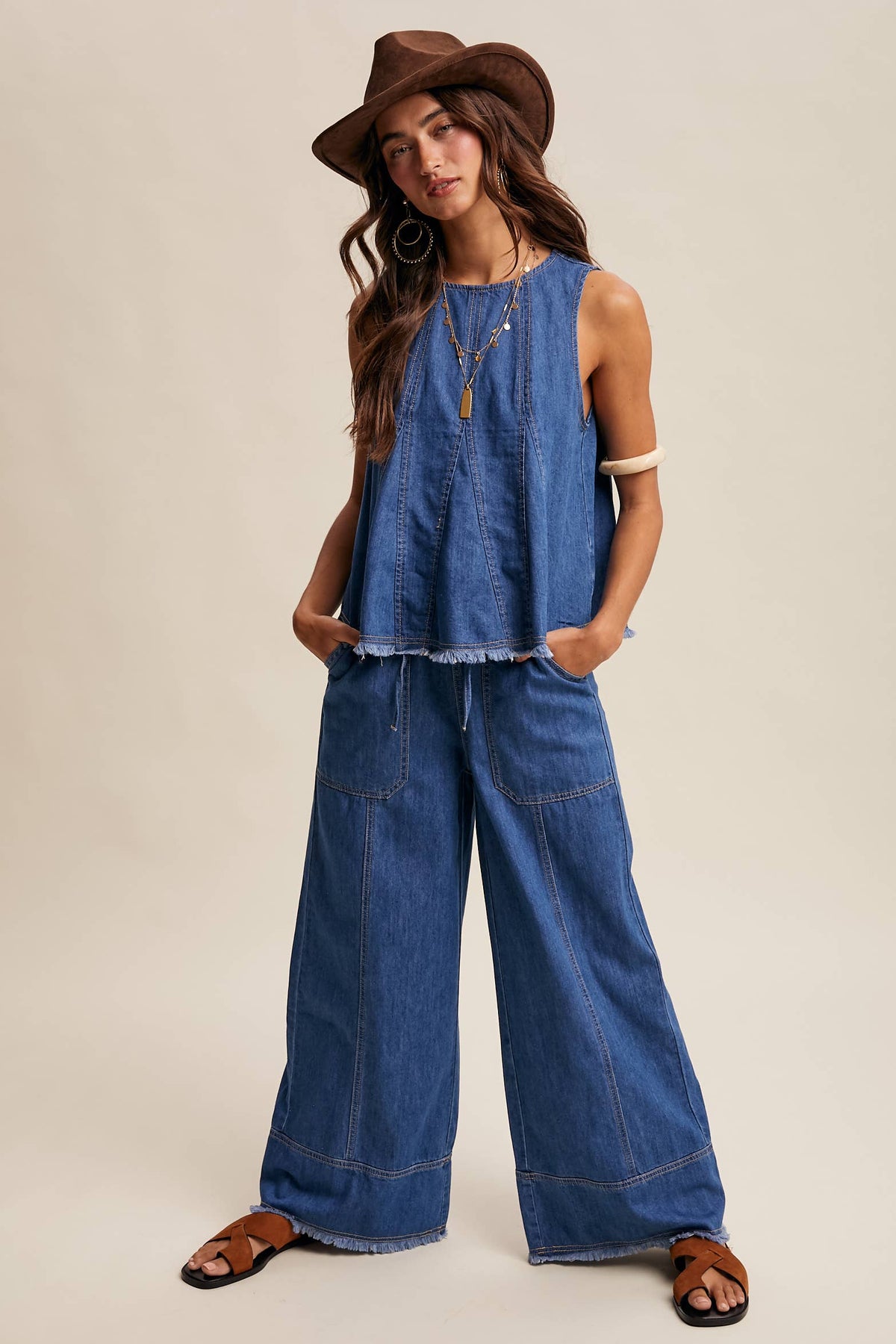 Blue Haze Washed Denim Tank & Wide-Leg Pants Set