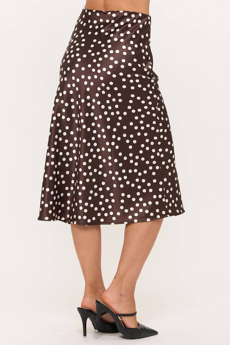 BROWN Polka Dot Satin Midi Skirt