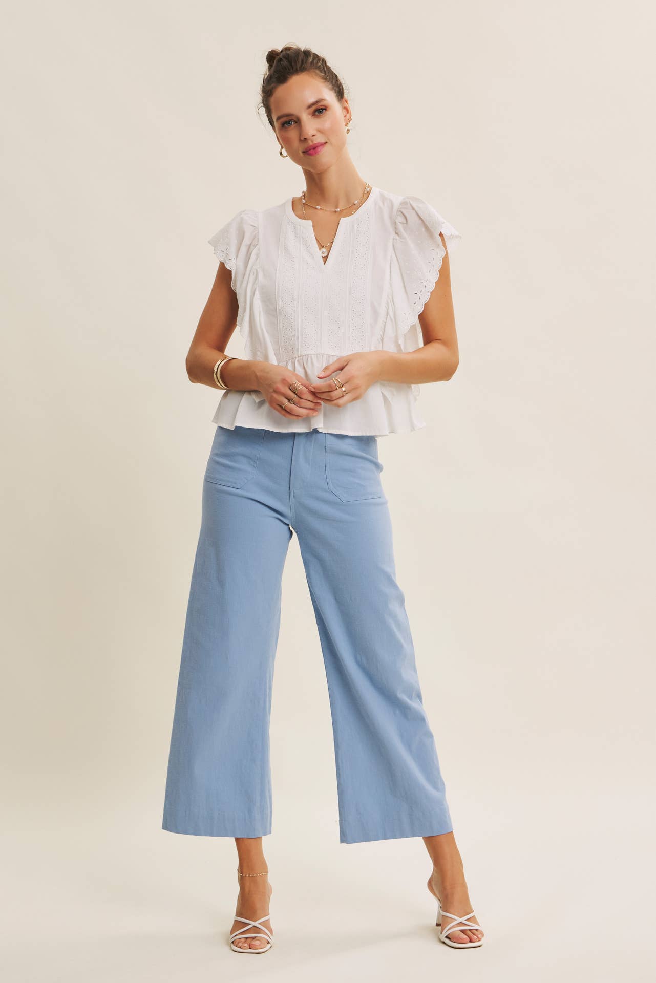 SEASONLESS STRETCHY COTTON LINEN ANKLE PANTS WITH POCKETS: BLUE